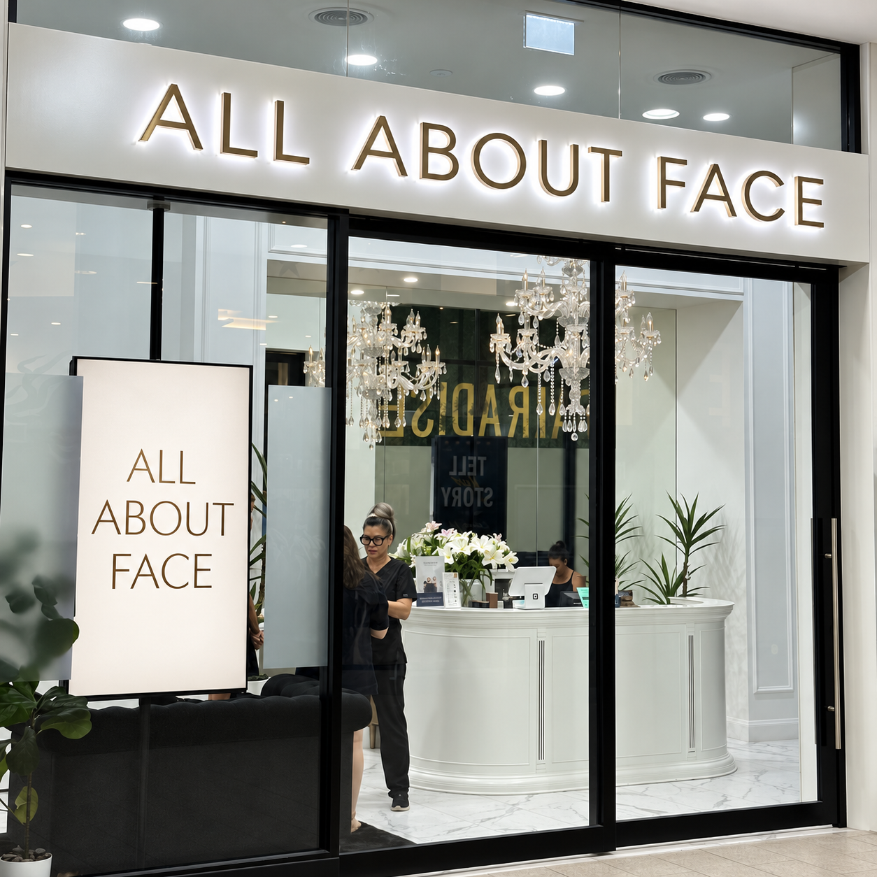 All About Face Aesthetics clinic storefront at The Paradise Centre, Surfers Paradise.